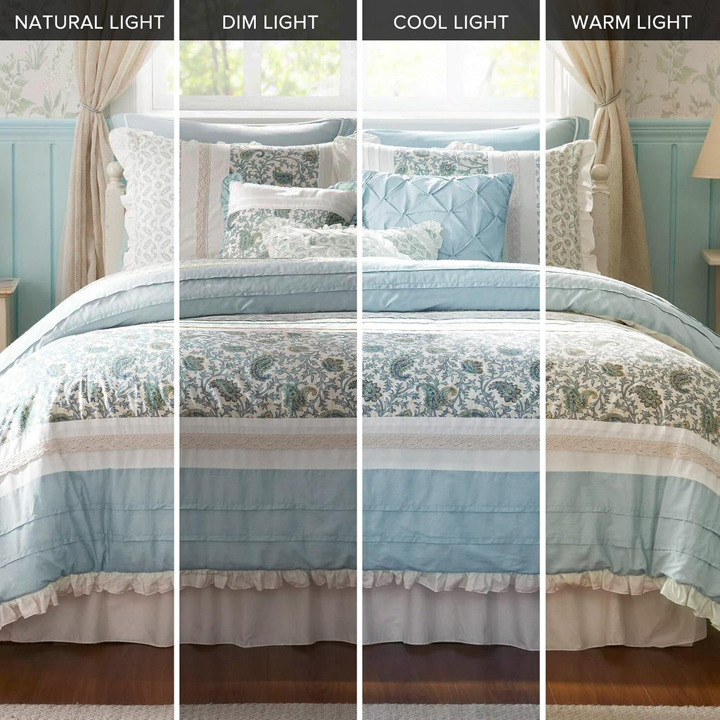 Madison Park Dawn 100% Cotton Shabby Chic Comforter Set-Modern Cottage Design All Season Down Alternative Bedding, Matching Shams, Bedskirt, Decorative Pillows, Cal King(104'x92'), Aqua 9 Piece
