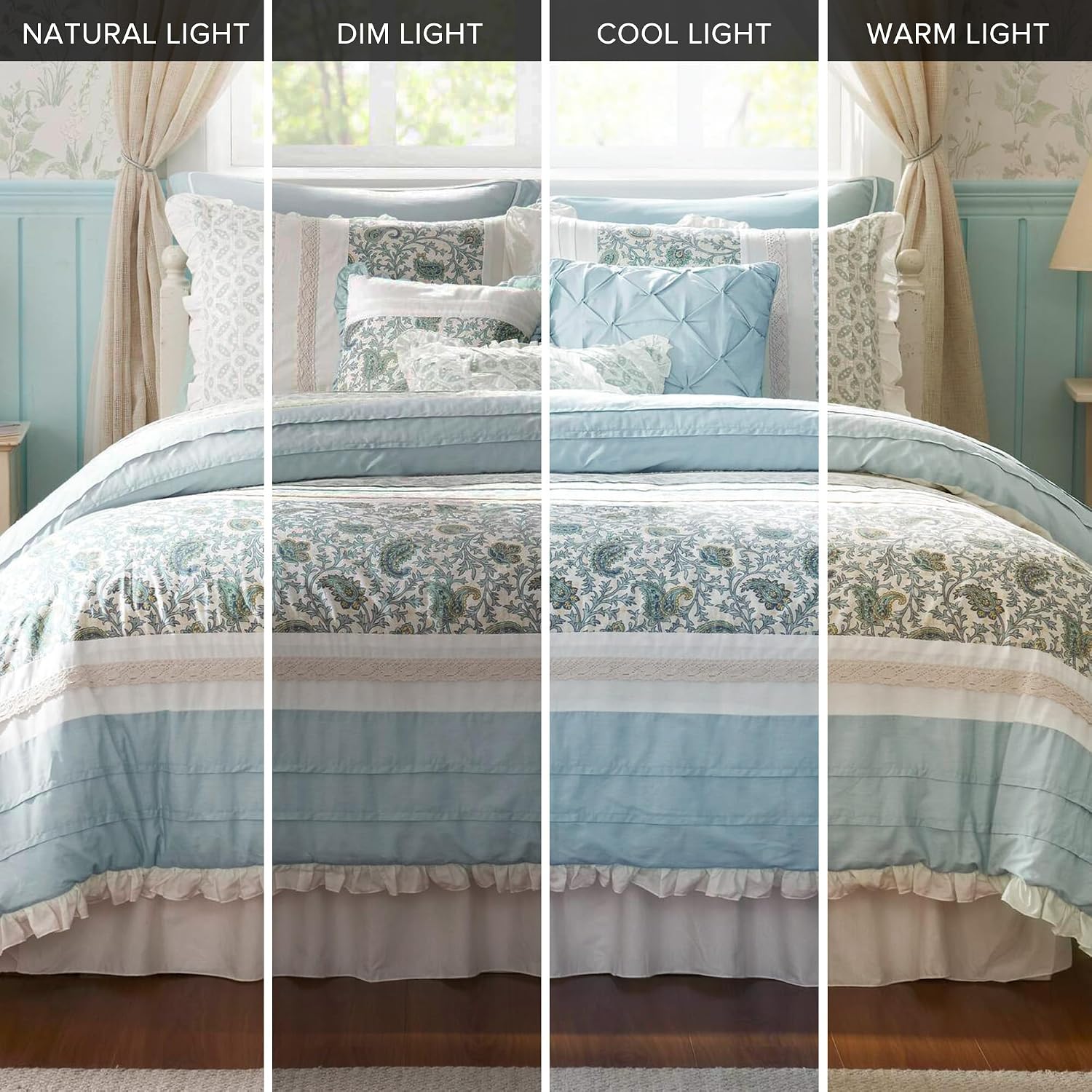 Madison Park Dawn 100% Cotton Shabby Chic Comforter Set-Modern Cottage Design All Season Down Alternative Bedding, Matching Shams, Bedskirt, Decorative Pillows, Cal King(104'x92'), Aqua 9 Piece
