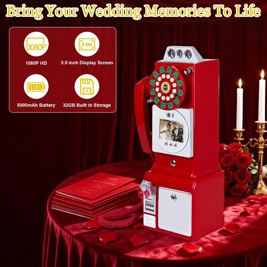 Video Audio Guest Book Wedding Phone, 1080P HD Video Guestbook Phone, Retro-Style Video Guest Book with Long Battery Life for Wedding, Birthday Party, Graduations, Baby Shower (Burgundy Red)
