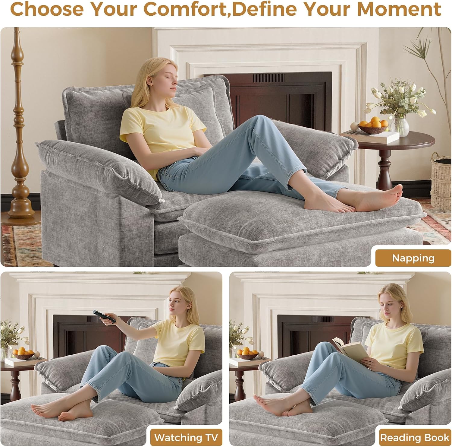 HUSFU 49.5'' Oversized Accent Chair with Ottoman, Chenille Cloud Couch Chair with Deep Seat and Extra Wide Armrests, Comfy Reading Armchair for Bedroom, Living Room, Set of 2, Gray