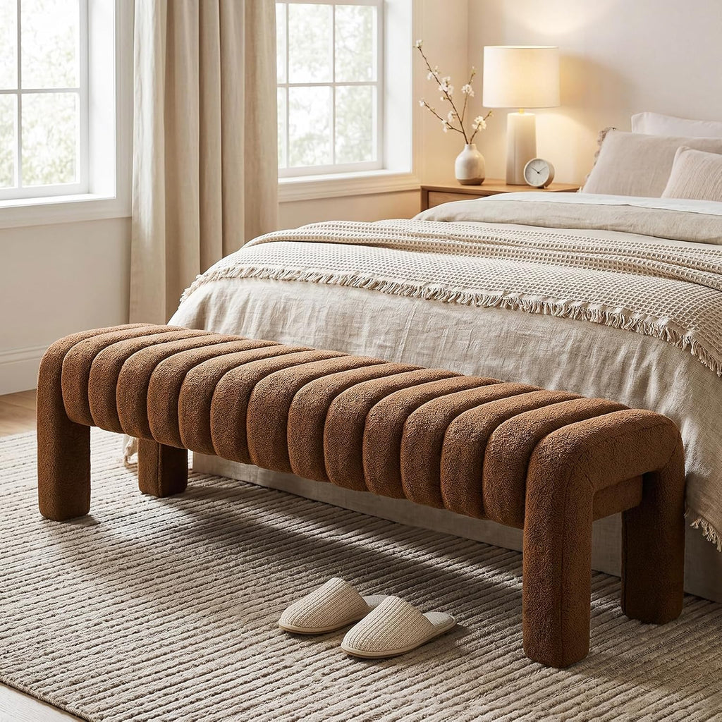 63'' Bedroom Bench, Upholstered End of Bed Bench with Solid Wood Legs, Modern Cushioned Dining Bench with Full Covered Fabrics for Entryway, Bedroom, Living Room (Rust Brown, Boucle)