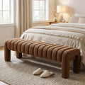 63'' Bedroom Bench, Upholstered End of Bed Bench with Solid Wood Legs, Modern Cushioned Dining Bench with Full Covered Fabrics for Entryway, Bedroom, Living Room (Rust Brown, Boucle)