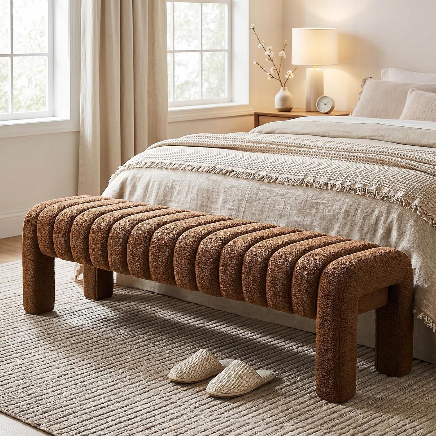 63'' Bedroom Bench, Upholstered End of Bed Bench with Solid Wood Legs, Modern Cushioned Dining Bench with Full Covered Fabrics for Entryway, Bedroom, Living Room (Rust Brown, Boucle)