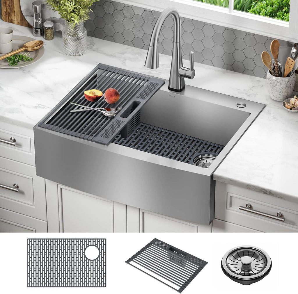DELTA FAUCET Delta Lenta 30-inch Retrofit Farmhouse Apron Front 16 Gauge Stainless Steel Single Bowl Kitchen Sink for Undermount/Drop-In Installation with Accessories, 95J132-T30S-SS