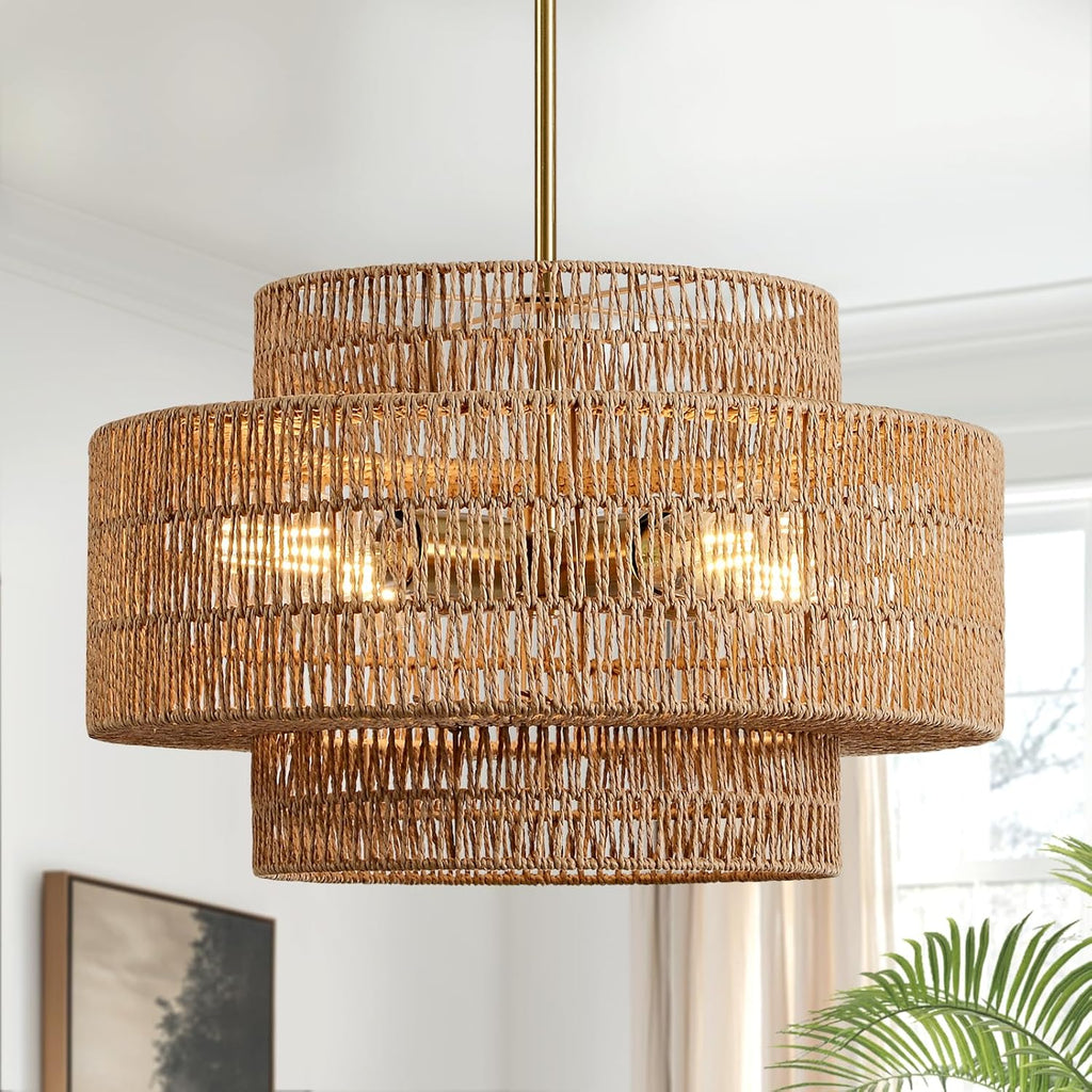 4-Light Boho Rattan Chandelier Light Fixture, 17.7' Hand Woven Rustic Chandeliers Farmhouse Chandelier Hanging Light for Dining Room Kitchen Island, Living Room, Foyer