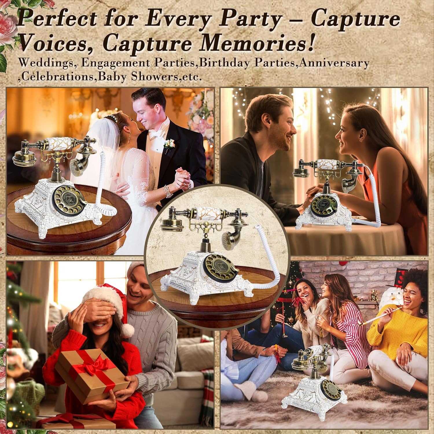 Audio Guest Book Wedding Phone, Vintage Audio GuestBook, Record Guest Messages for Weddings & Special Events, Customized Audio Keepsake for Memorable Occasions (Retro White)