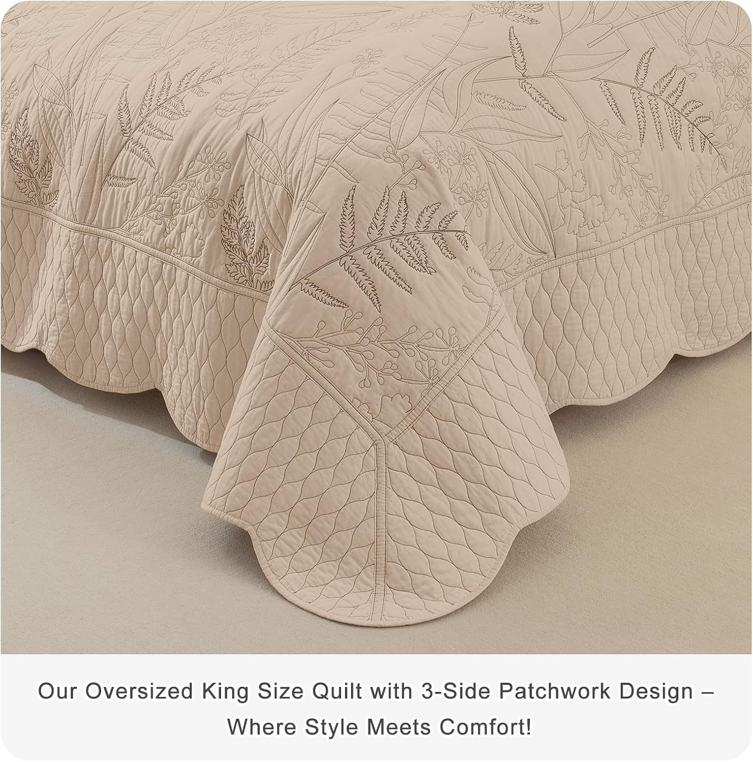 Sanracie Oversized King Quilt 120'x120', 100% Cotton Warm Taupe Print Quilted Bedspread Set 3Pcs Soft Breathable Botanical Leaves Pattern Quilt Bedding Set for All Season