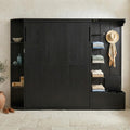 Queen Murphy Bed with Storage Shoe Cabinet,Storage Bench,Hooks & LED Lights,Wood Murphy Wall Bed with Shelves Bookcase and Cabinet, Space-Saving for Small Spaces Office Guest Room (Black,Queen)