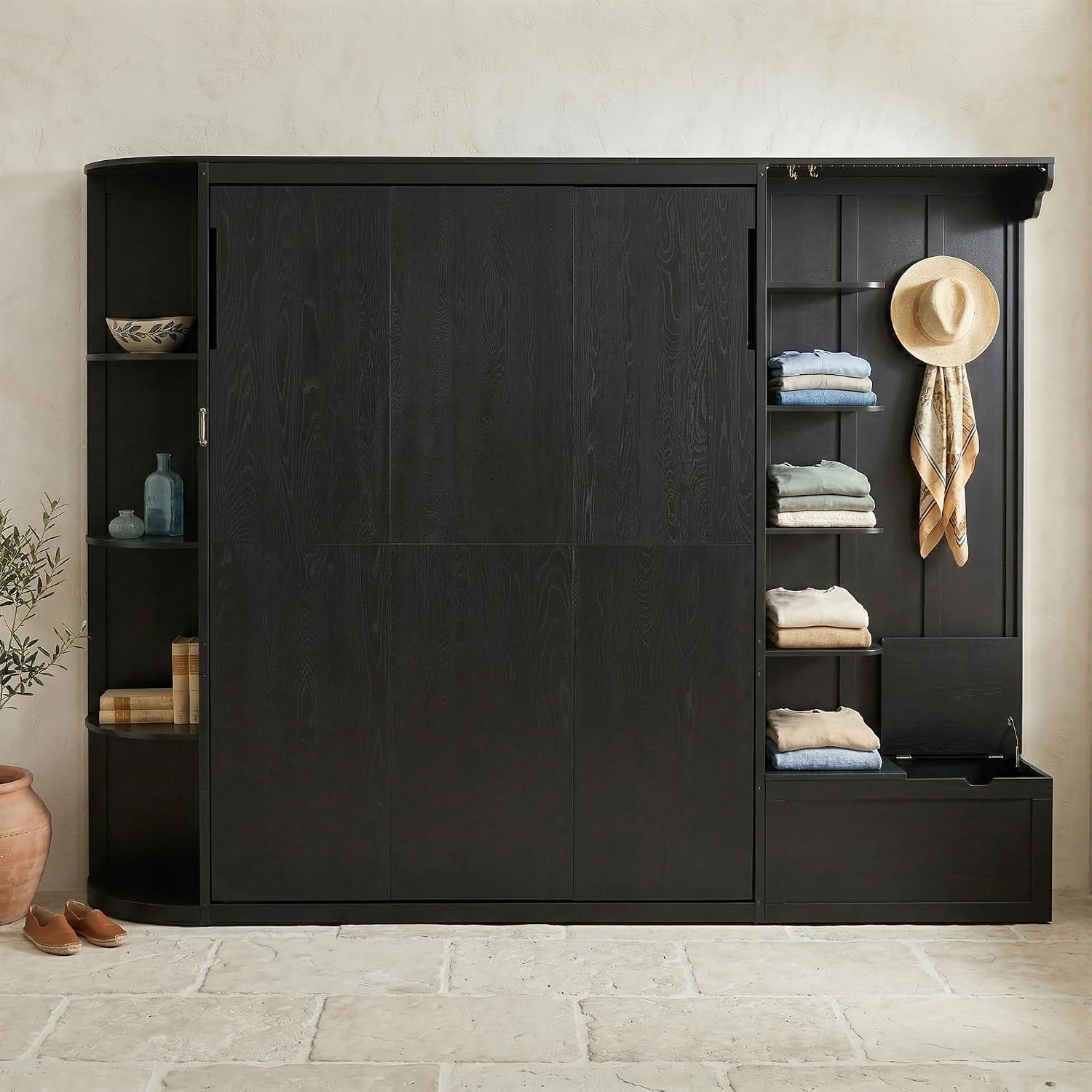 Queen Murphy Bed with Storage Shoe Cabinet,Storage Bench,Hooks & LED Lights,Wood Murphy Wall Bed with Shelves Bookcase and Cabinet, Space-Saving for Small Spaces Office Guest Room (Black,Queen)