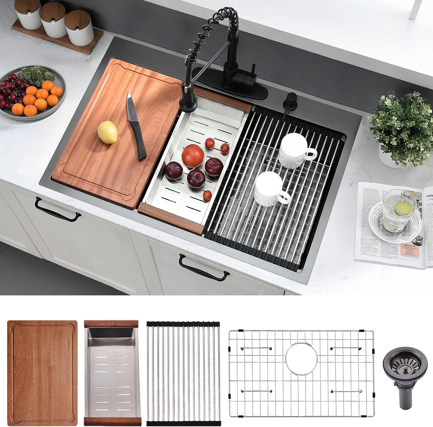 33x19 Drop In Kitchen Sink Black - 16 Gauge Stainless Steel Workstation Sinks Ledge Handmade 10 Inch Deep Single Bowl Kitchen Sink Top Mount Easy to Clean