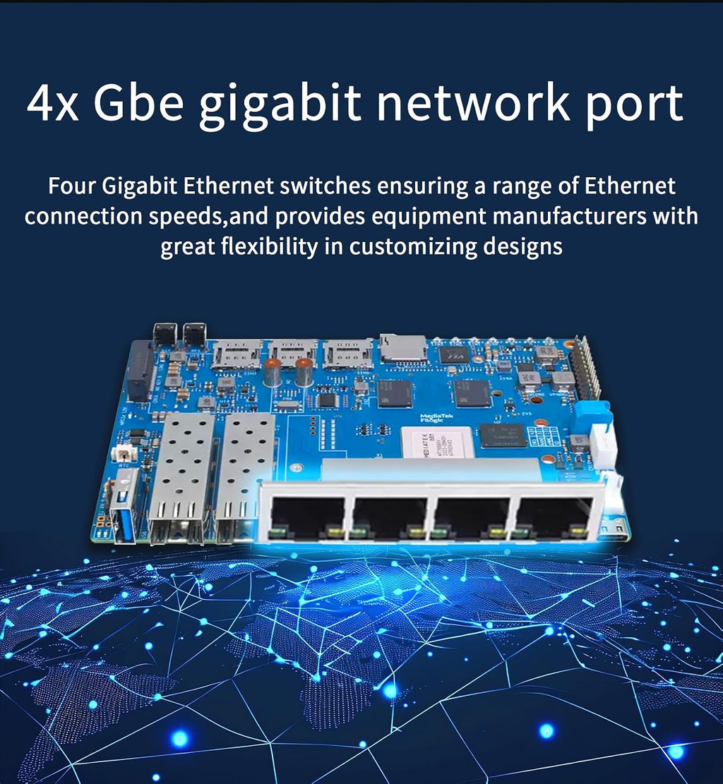 youyeetoo Banana Pi BPI-R4 WiFi 7 Router/Openwrt Router Development Board - Fully Assembled, Use Out of The Box, MediaTek MT7988A Chip, 4GB RAM, 8GB eMMC, 2X 10Gbe SFP Slots, 4X Gbe Ports, Metal Case
