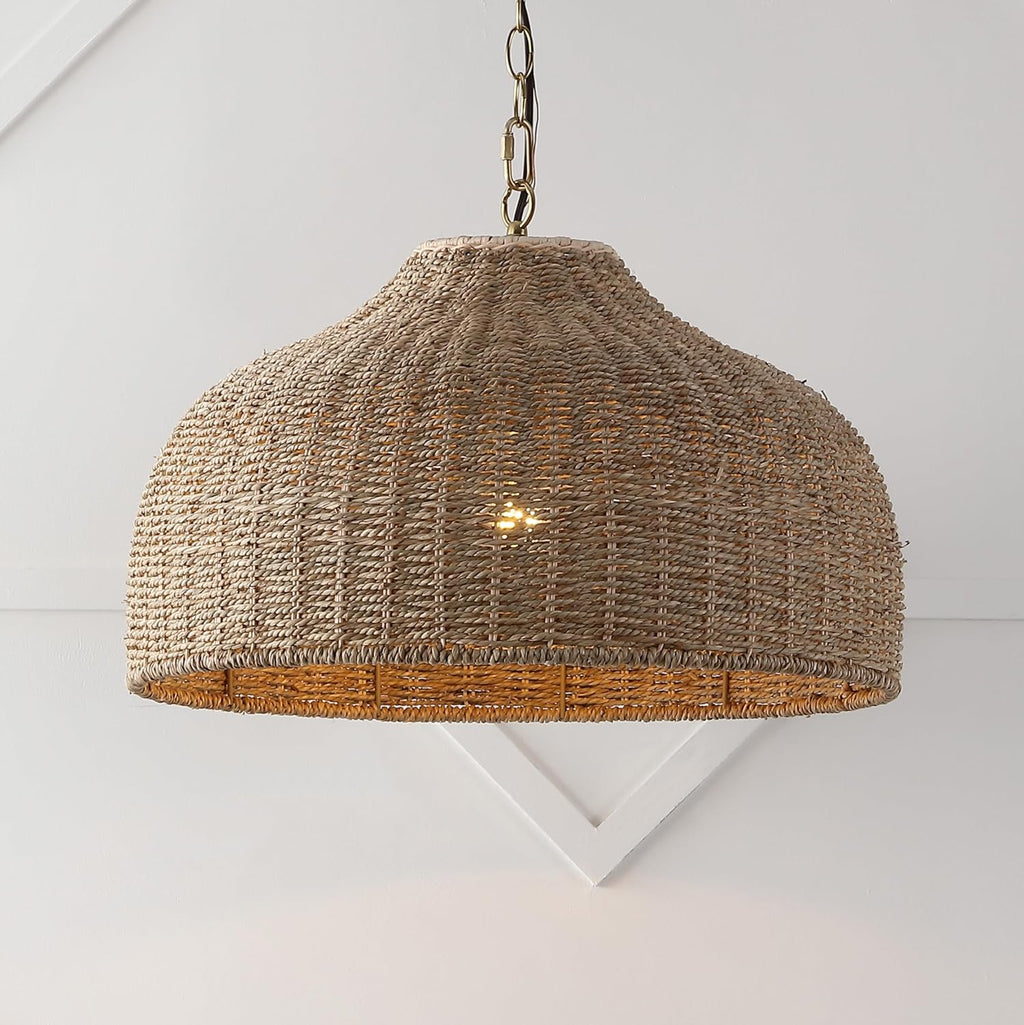 JONATHAN Y 20' Brown/Brass Gold 1-Light Rattan and Iron Dome Pendant Light, Adjustable Height Coastal Bohemian Hanging Lamp for Kitchen Island, LED Bulb Included JYL1133A
