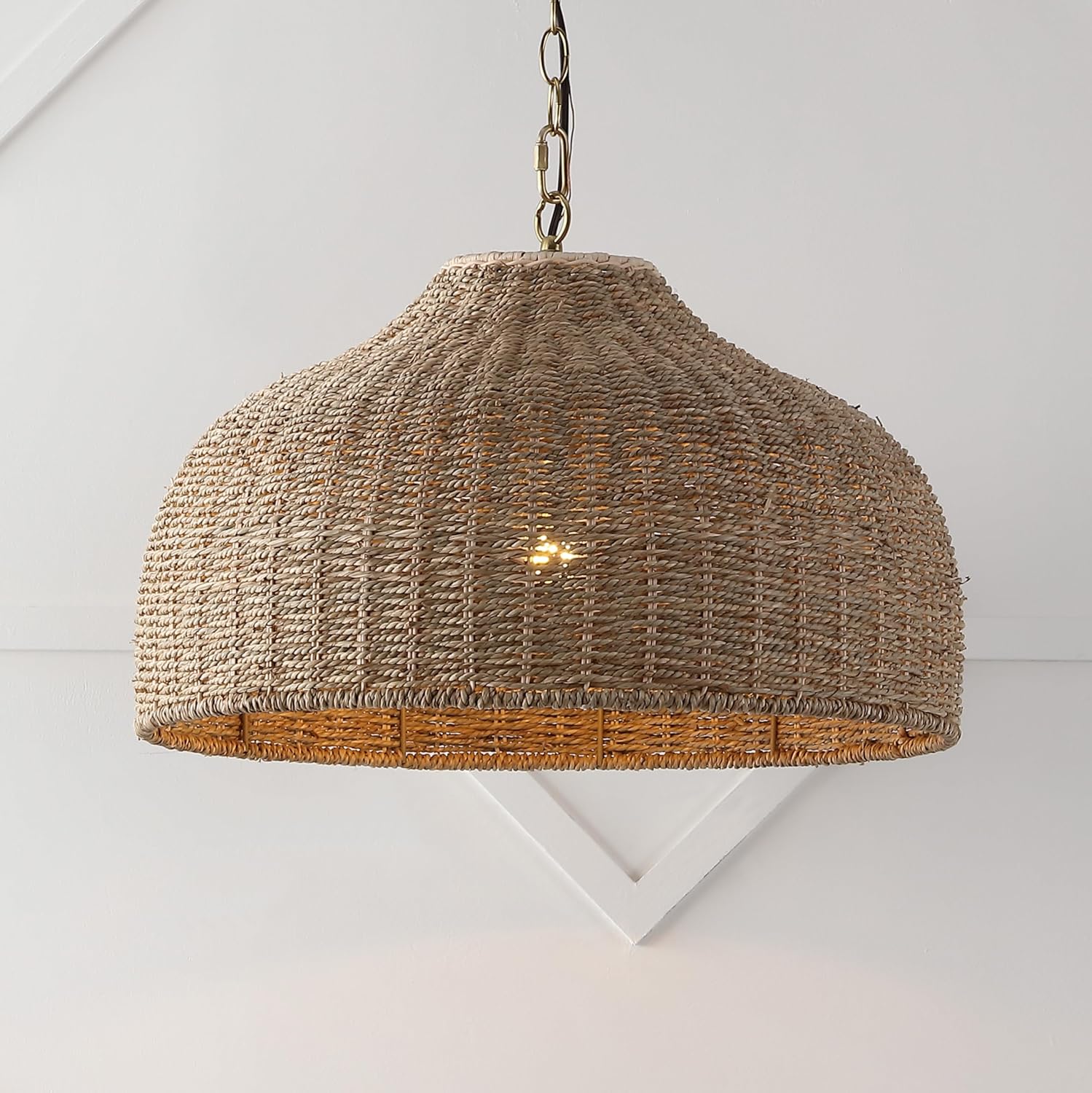 JONATHAN Y 20' Brown/Brass Gold 1-Light Rattan and Iron Dome Pendant Light, Adjustable Height Coastal Bohemian Hanging Lamp for Kitchen Island, LED Bulb Included JYL1133A
