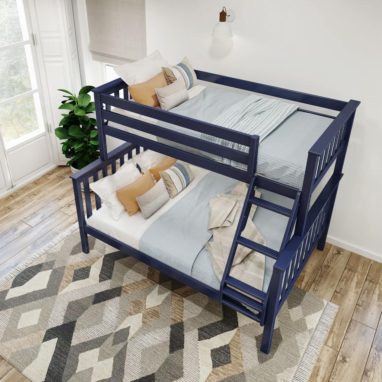 Plank+Beam Classic Wooden Bunk Bed Twin Over Full Size, Platform Bed Frame with Bunk Bed Ladder and Wood Slats for Adult, Space Saving Bed, Easy to Assemble, No Box Spring Needed, Blue