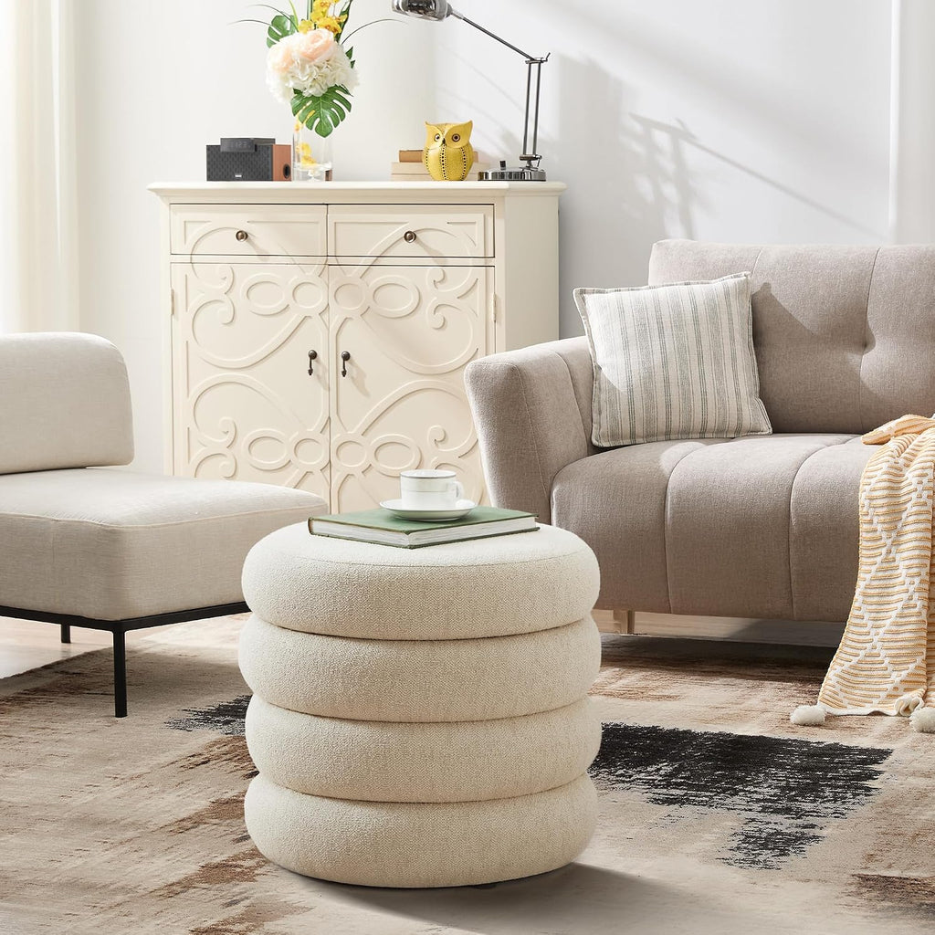 19.5 Inch Round Storage Ottoman, Modern Linen Ottoman Coffee Table with Removable Top, Beige Vanity Stool with Storage for Bedroom, Living Room, Dorm, Set of 1