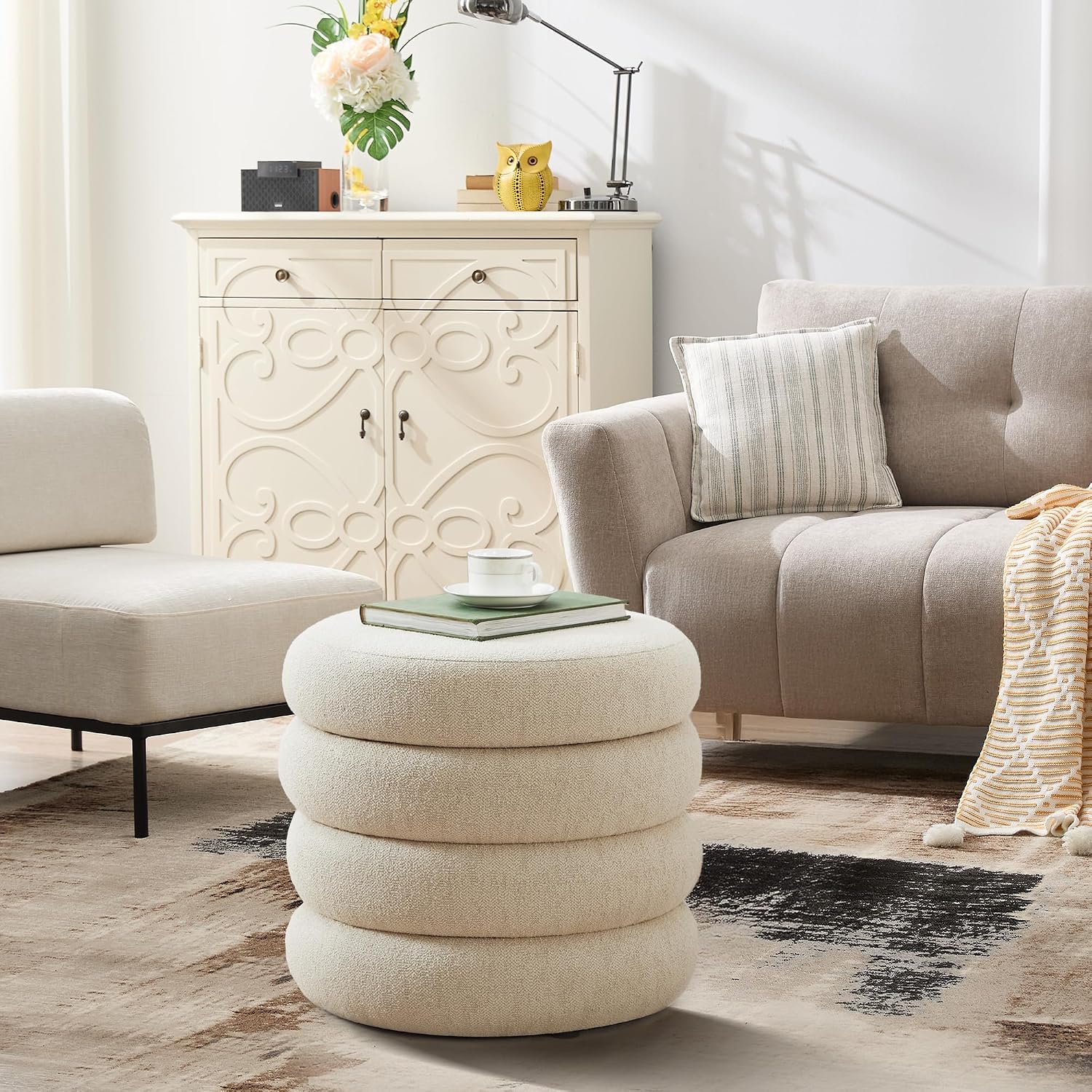 19.5 Inch Round Storage Ottoman, Modern Linen Ottoman Coffee Table with Removable Top, Beige Vanity Stool with Storage for Bedroom, Living Room, Dorm, Set of 1