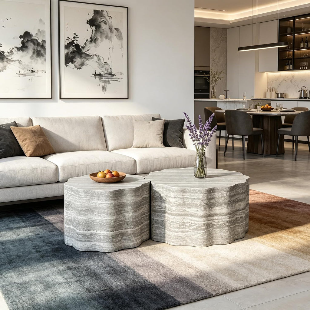 Nesting Coffee Table Set of 2, Modern Wood Center Table for Living Room, Faux Mars Pattern Side Table Accent End Table for Apartment Office, No Need Assembly (26.7'& 23.6',Beige & Grey)