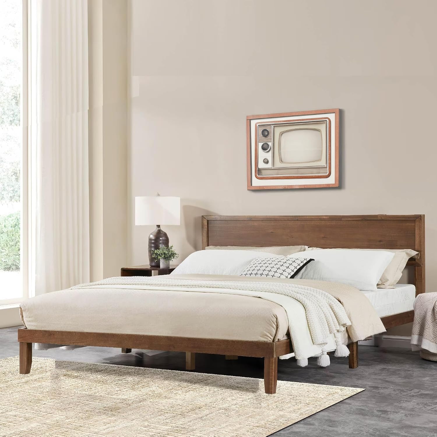 Full Size Solid Wood Platform Bed Frame - Premium Rubber Wood Reinforced Thickened Support, Load-Bearing, Modern Headboard Design, Tool-Free Assembly Bedroom Furniture Set,Brown (King)