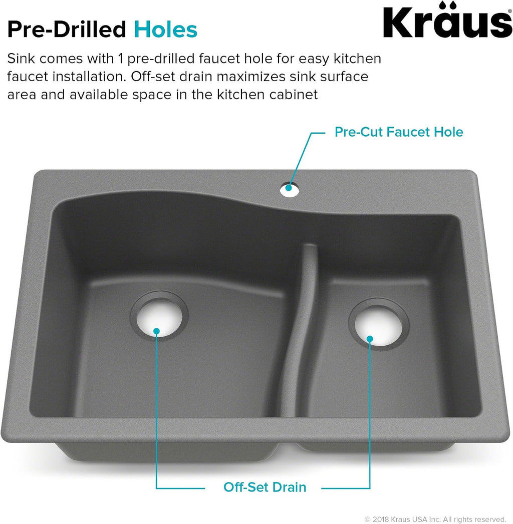 KRAUS KGD-442 Quarza 33-inch 33' Dual Mount 60/40 Double Bowl Granite Kitchen Sink in Grey