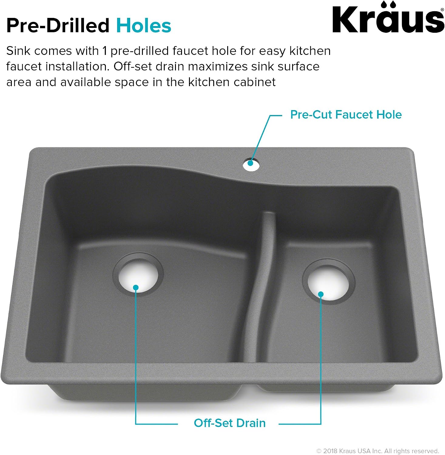 KRAUS KGD-442 Quarza 33-inch 33' Dual Mount 60/40 Double Bowl Granite Kitchen Sink in Grey