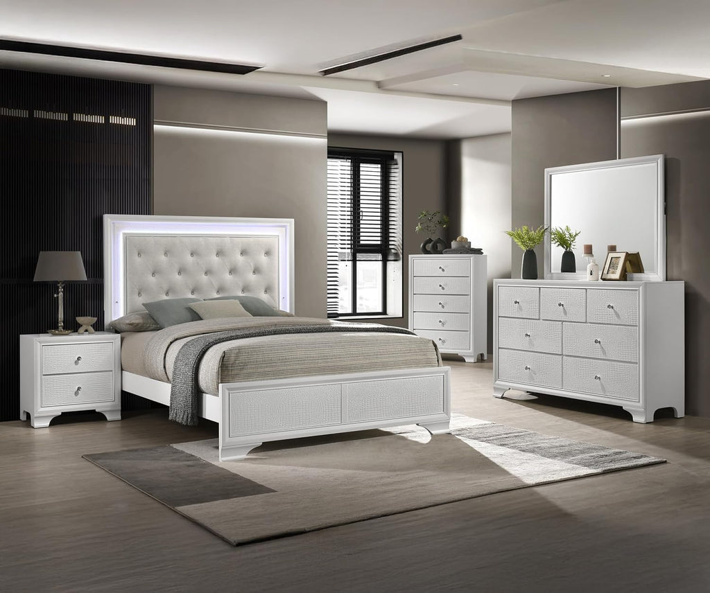 5pc Modern Crisp White Textured Finish Tufted Headboard Integrated LED Lighting Full Size Bed Set Bedroom Furniture