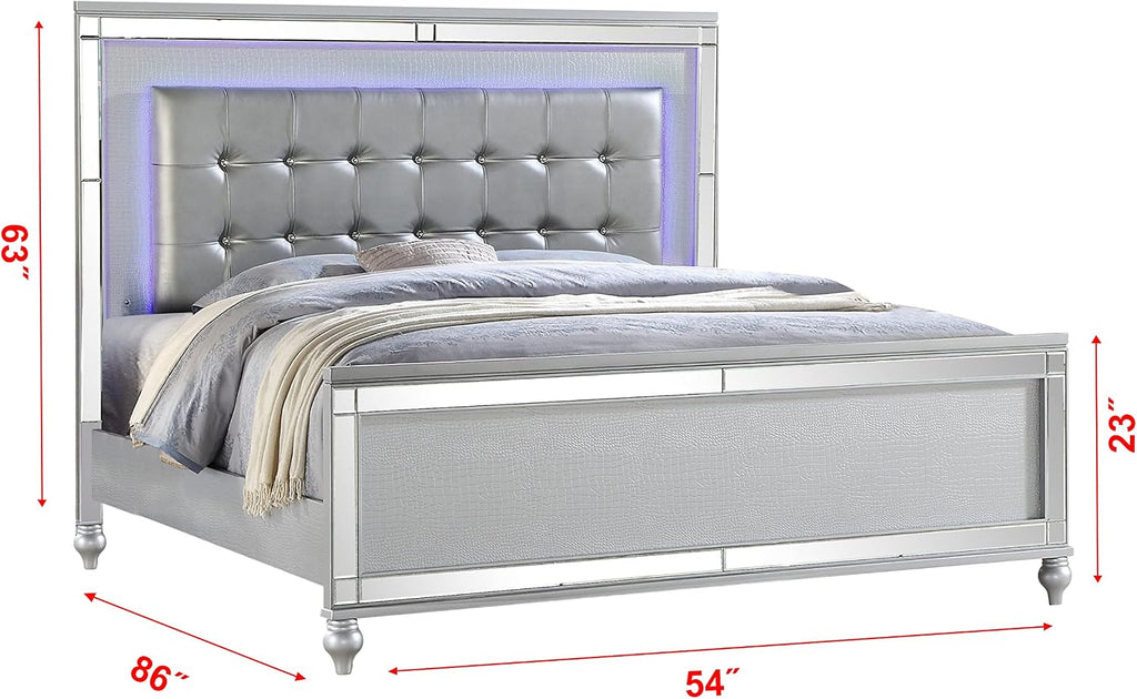 Full 4 PC LED Bedroom Set Made with Wood in Silver Color