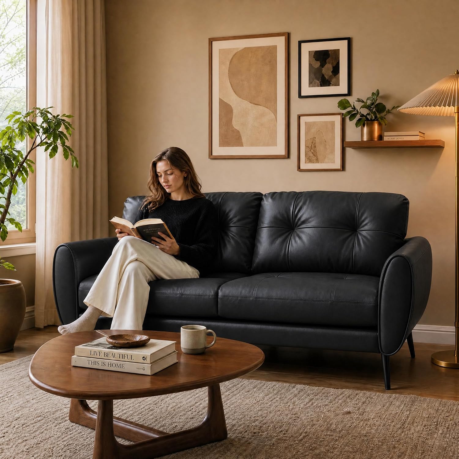 TYBOATLE Sofa Couch 61' Small Loveseat Couches for Living Room, Black Faux Leather Couch Mid Century Modern Tufted Mini Sofa Comfy Office 2 Seat Settee Love Seat Couches for Small Spaces Bedroom