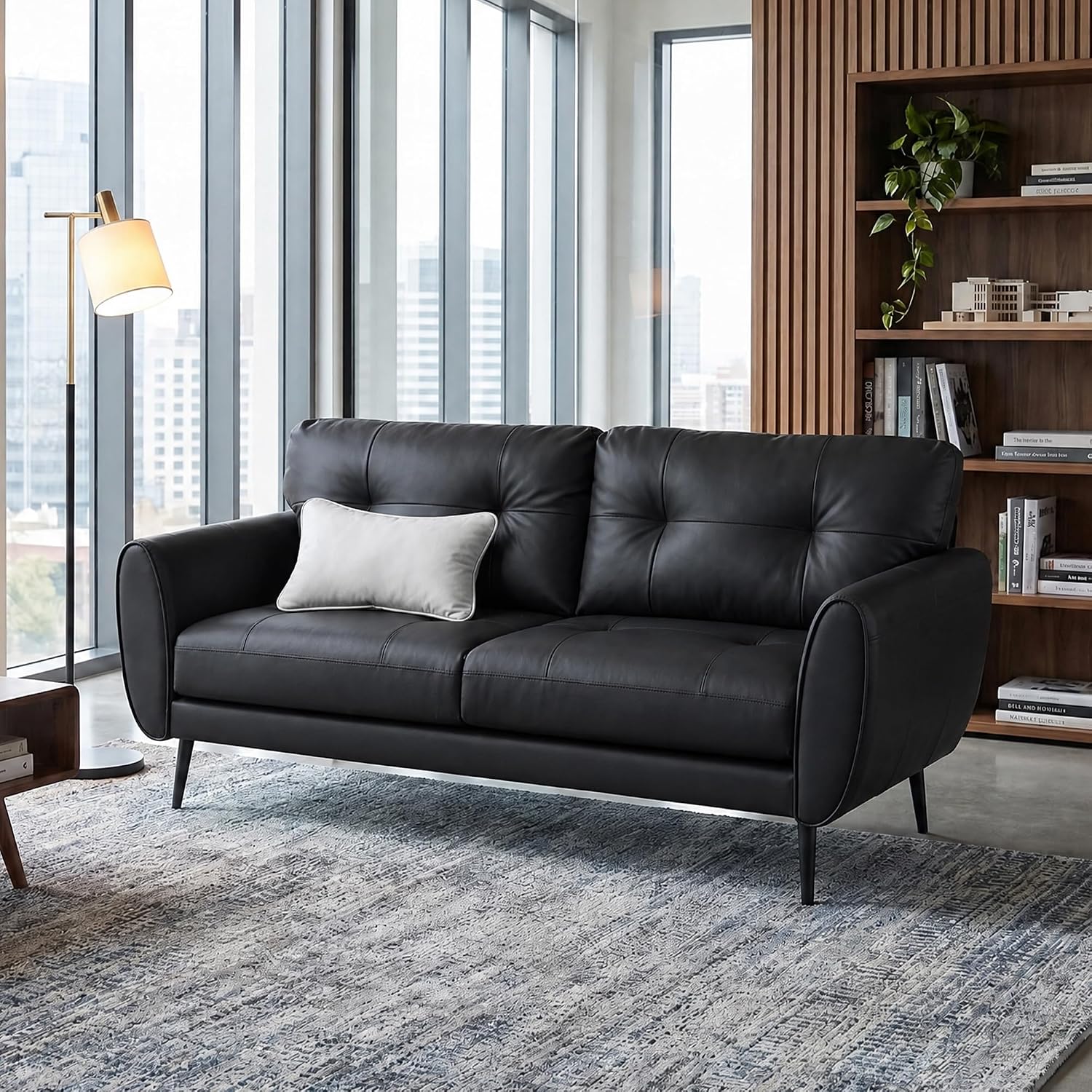 TYBOATLE Sofa Couch 61' Small Loveseat Couches for Living Room, Black Faux Leather Couch Mid Century Modern Tufted Mini Sofa Comfy Office 2 Seat Settee Love Seat Couches for Small Spaces Bedroom