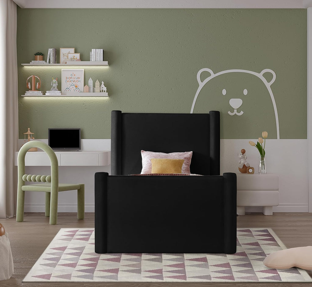 Meridian Furniture B1298Black-T Elias Collection Modern | Contemporary Twin Bed with Soft Black Velvet, Solid Wood Inner Frame, 52' W x 83.5' D x 52' H, Black, Twin