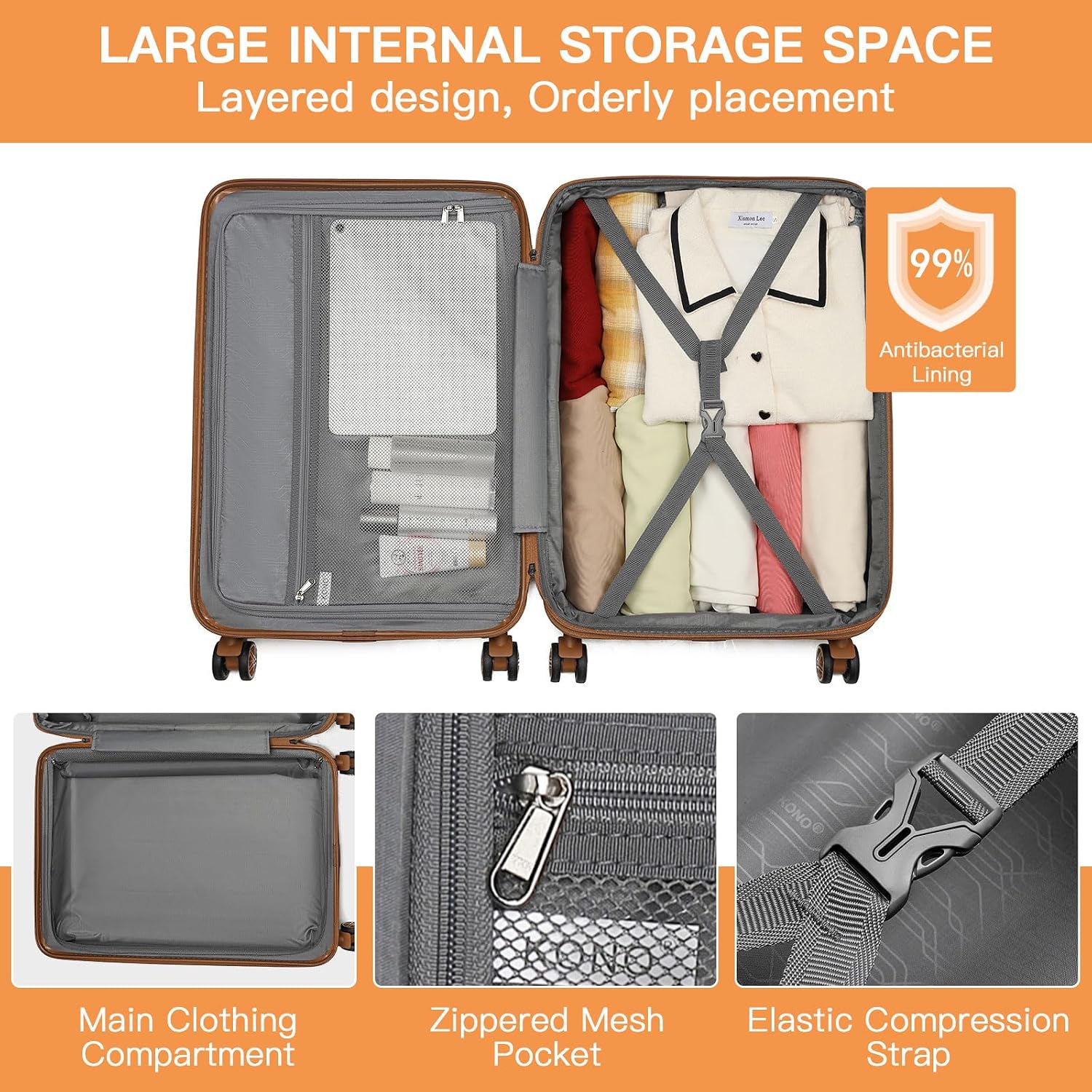 Kono Lightweight 28 Inch Expandable Luggage with Quiet Spinner Wheels TSA Lock, Scratch and Drop Resistant PC+ABS Hardside Durable Large Checked Suitcase, Cream White & Brown