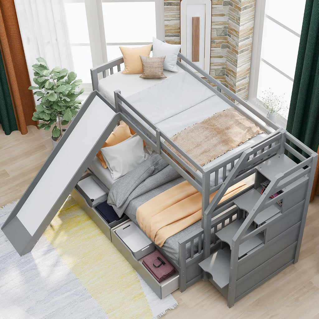 Twin Over Full Size Bunk Bed with Drawers and Slide, Bed Room Solid Wood Storage Bed Frame W/Ladder can be Interchanged Left and Right,for Kids Teens Boys Girls,Gray