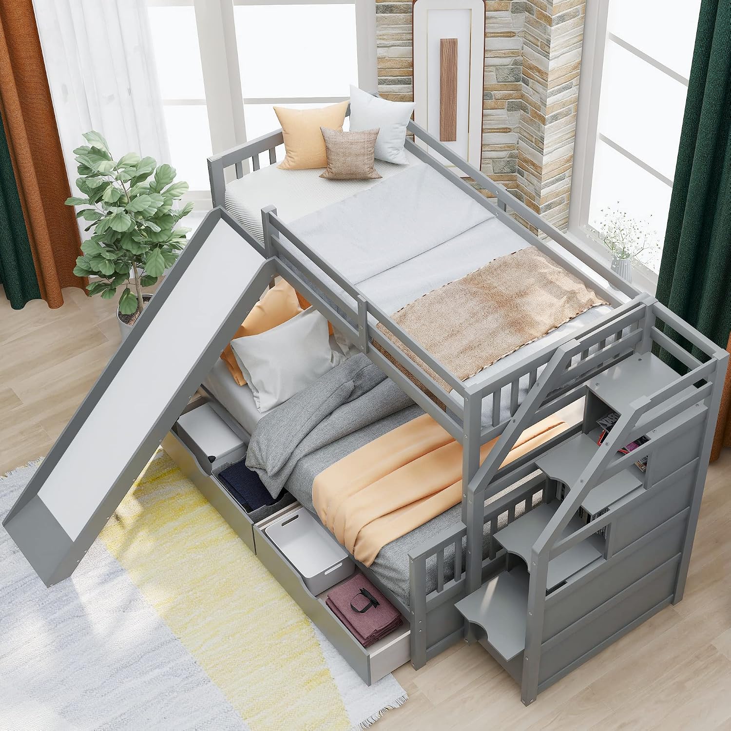 Twin Over Full Size Bunk Bed with Drawers and Slide, Bed Room Solid Wood Storage Bed Frame W/Ladder can be Interchanged Left and Right,for Kids Teens Boys Girls,Gray