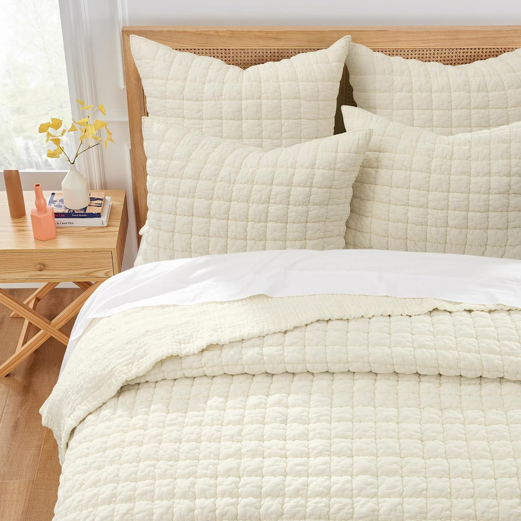 Levtex Home - Whisper Butter Quilt Set - Twin/Twin XL Quilt (68x86in.) and 1 Standard Sham (20x26in.) - Textured Grid - Cream - Reversible - Cotton | Textured