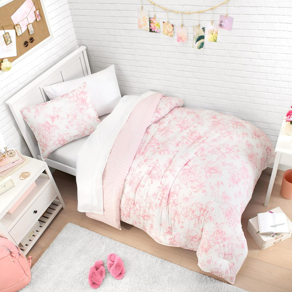 Laura Ashley - Twin/Twin XL Bedding Bundle, Reversible Comforter with Matching Pillowcases & Cotton Percale Sheet Set, Floral Bedding with a Crisp & Cool Feel (Pink)