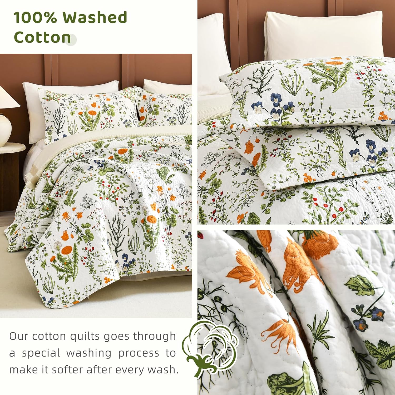 Sanracie California King Quilt Bedding Set(118'x106'), 100% Cotton Soft Breathable Green Floral Bedspread Sets 3Pcs Yellow Flowers Plant Pattern Botanical Printed Quilted Set for All Season