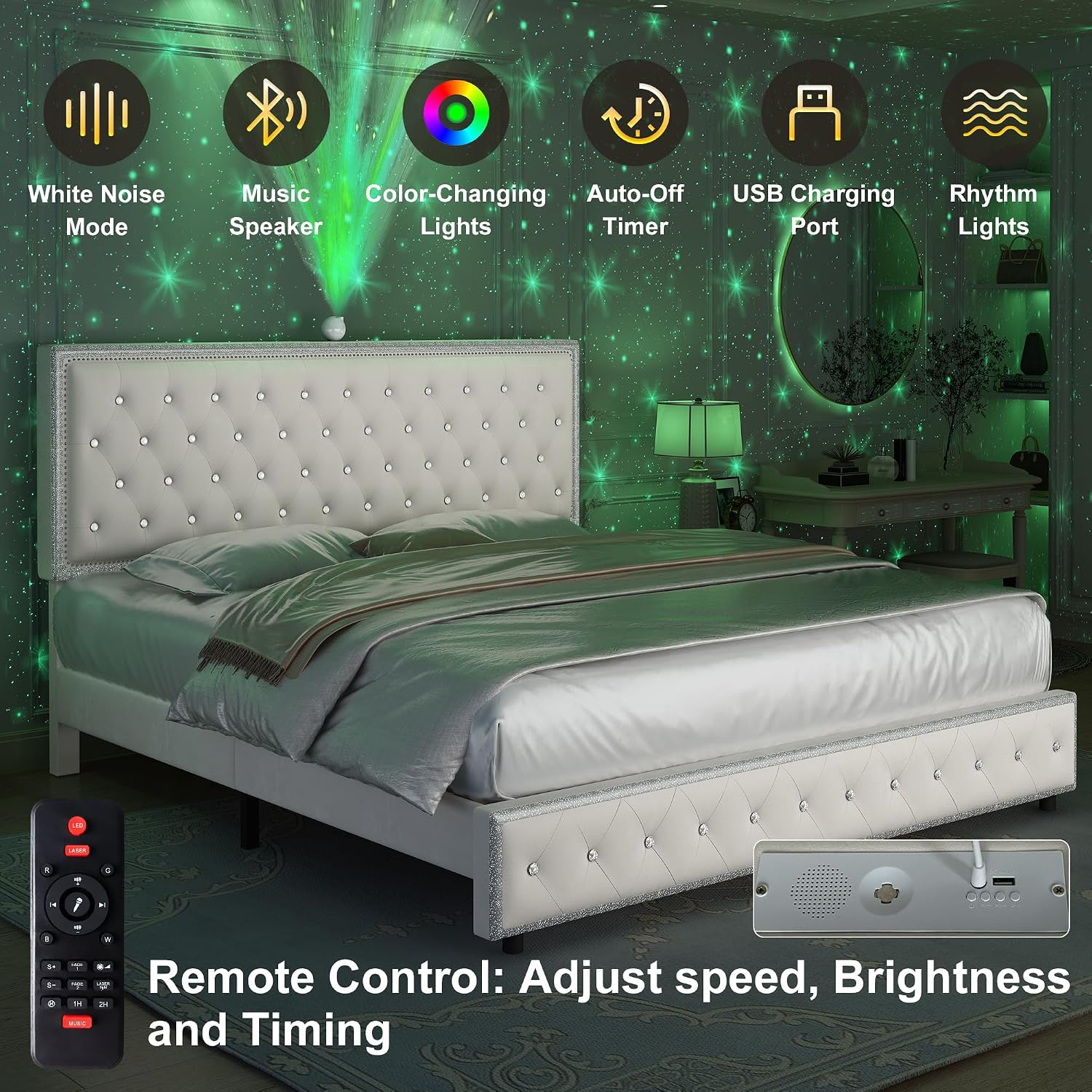 Queen Upholstered Platform Bed Frame with LED Headboard, Built-in Star Projector & Adjustable Headboard, No Box Spring Needed, Easy Assembly, Solid Wood Slats,Modern Bedroom Furniture, Velvet Cream