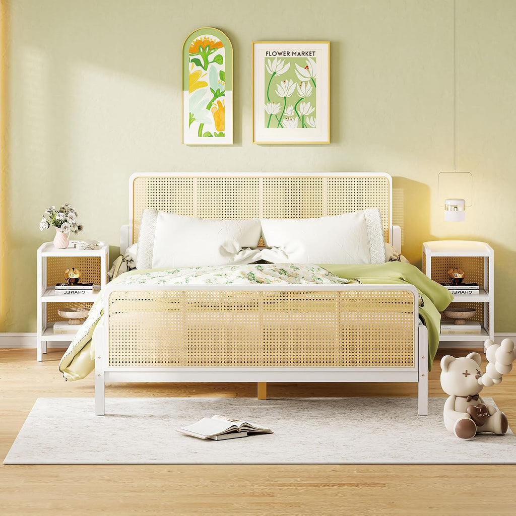 3-Pieces Bedroom Furniture Sets,Full Size Rattan Platform Bed with 2 Nightstands, Perfect for Teens Adults (White/Rattan, Full)