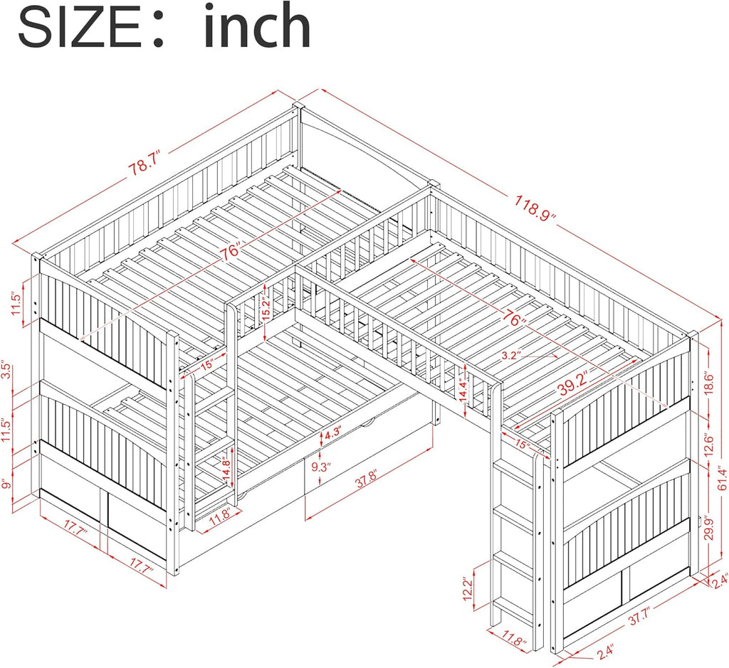 Twin Size Bunk Bed with a Loft Bed Attached and 2 Drawers,Bedroom Wood Bed Frame W/Space,Ladder,Rails,No Box Spring Required,for Girl Boy Kid,White