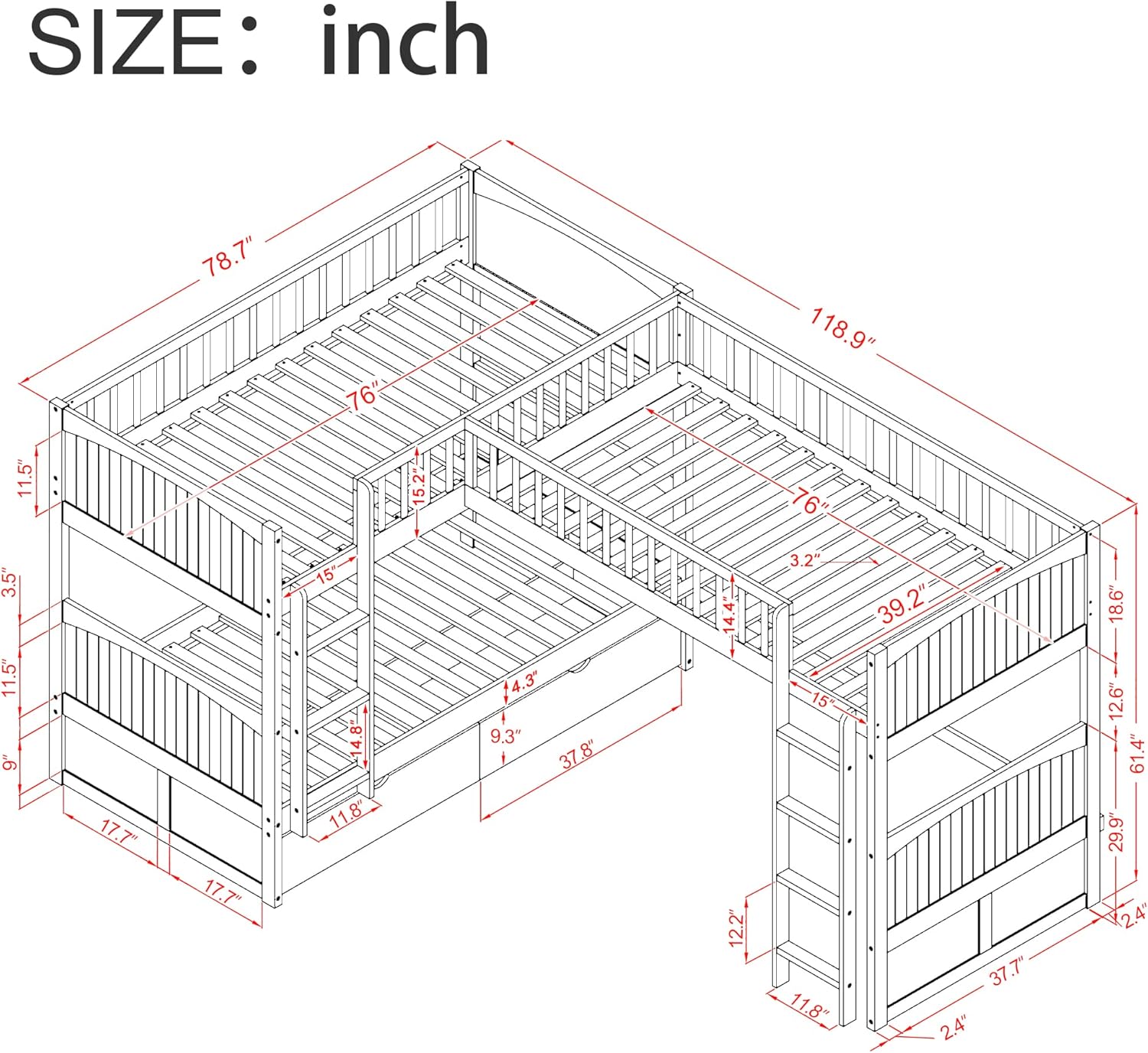 Twin Size Bunk Bed with a Loft Bed Attached and 2 Drawers,Bedroom Wood Bed Frame W/Space,Ladder,Rails,No Box Spring Required,for Girl Boy Kid,White