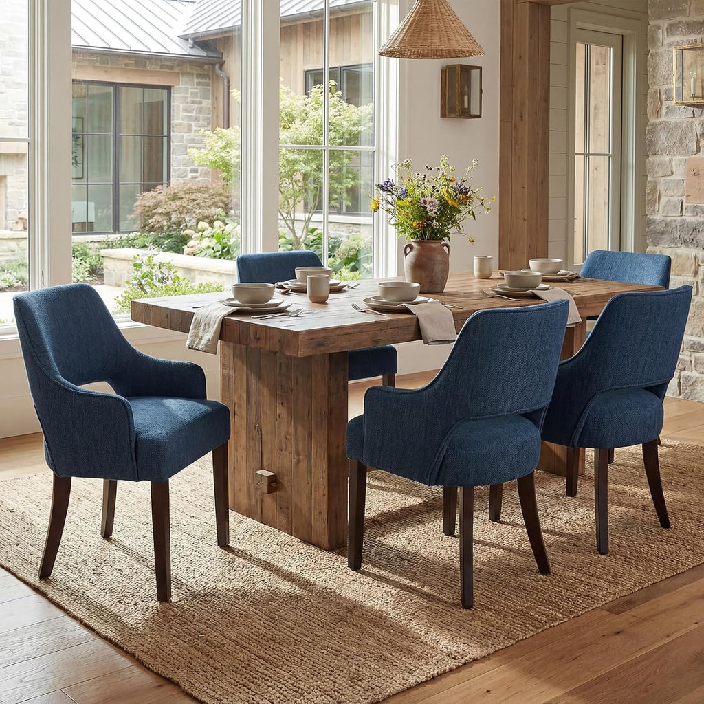 Dining Chairs Set of 4, Fabric Upholstered Dining Room Chair with Arms, Solid Wood Kitchen Chair with for Living/Dining Room/Bedroom/Restaurant, Blue
