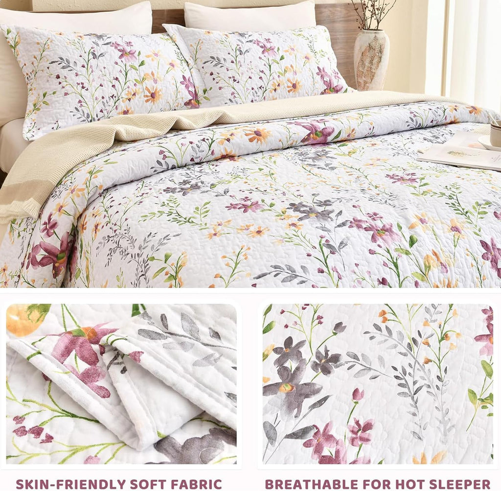 Sanracie Oversized Queen Quilt Bedspread Set(102'x118'), 100% Cotton Floral Quilted Set 3Pcs Yellow Wild Flower Botanical Printed Pattern Bedding Set for All Seasons