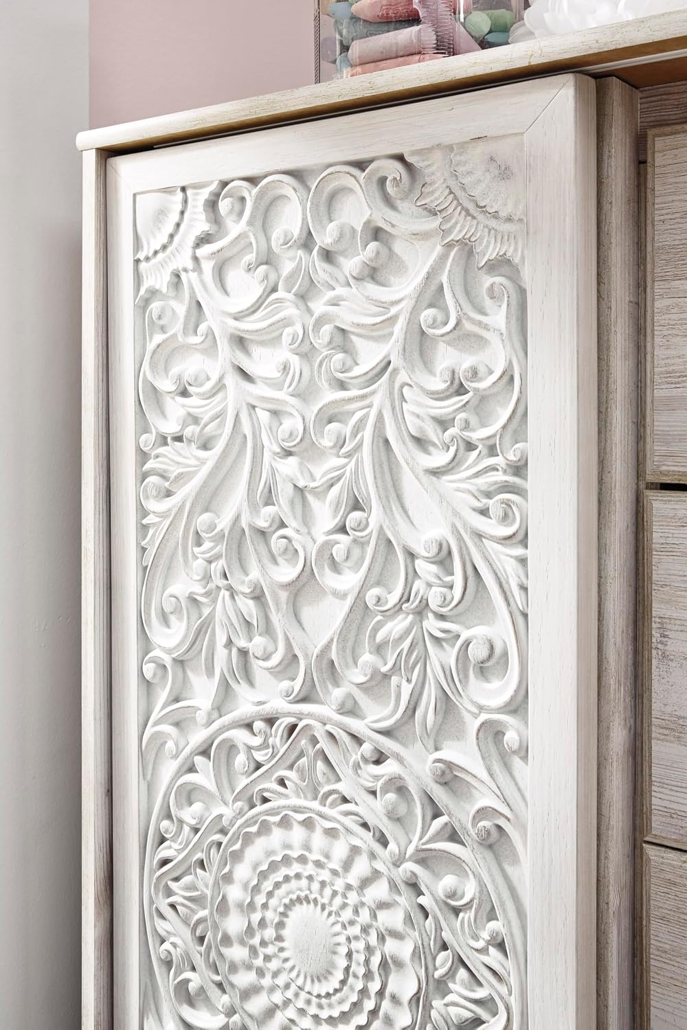 Signature Design by Ashley Paxberry Boho 5 Drawer Dressing Chest with Slider Door & 3 Adjustable Shelves, Whitewash