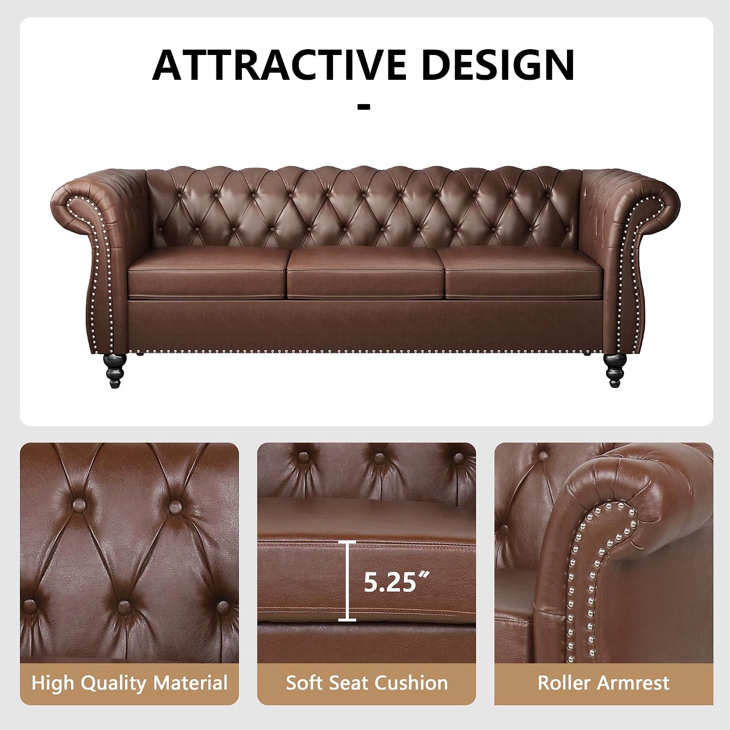 QHITTY Accent Large Sofa, Chesterfield Couch 3 Seater Modern Leather Couch Upholstered Sofa with Tufted Back for Living Room Furniture (Dark Brown)
