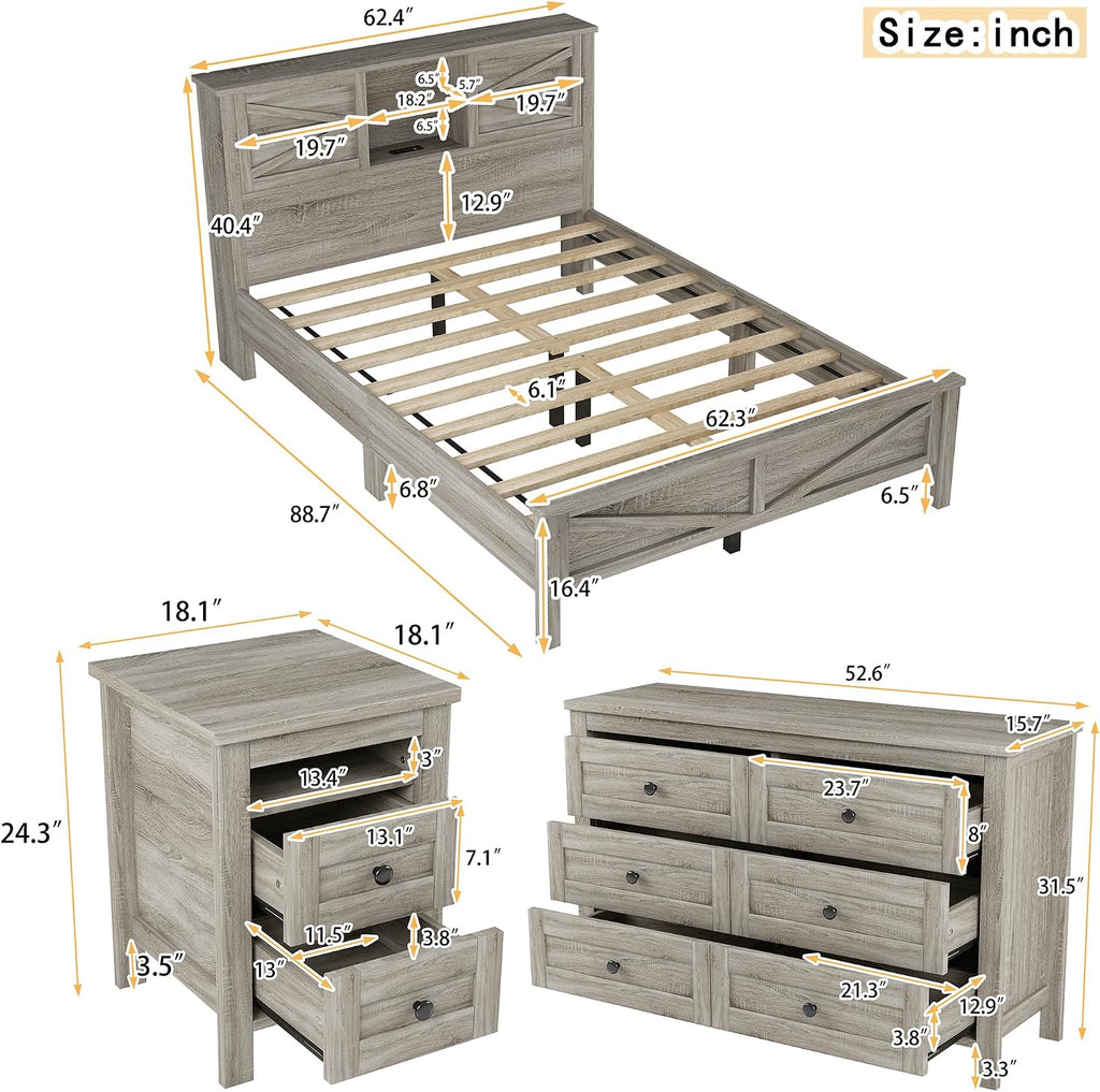 Queen Size 3PCS Bedroom Sets, Platform Bed Frame with Double Sliding Door Storage Headboard and USB, 3-Pieces Bedroom Sets with Cabinet and Nightstands, Kids Adults, Gray