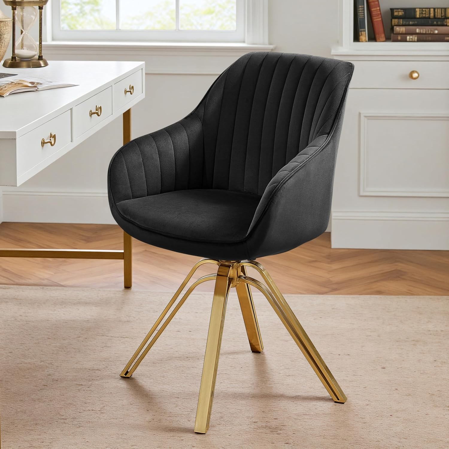 Volans Modern Desk Chair No Wheels, Upholstered Swivel Accent Chairs with Gold Plated Legs, Velvet Office Chair for Home Office Bedroom, Black