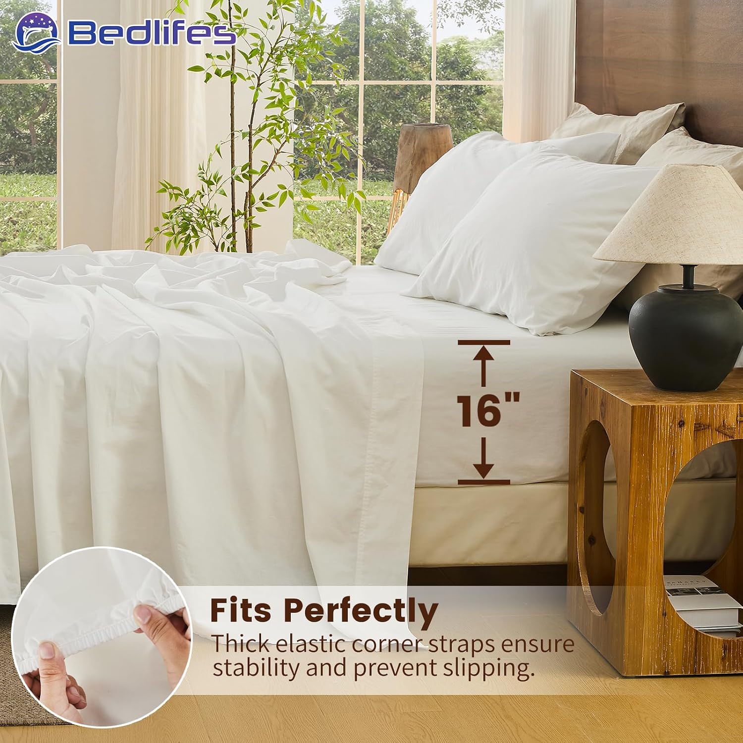 Bedlifes 100% French Pure Linen Sheets Queen Size Breathable and Cooling Flax Sheet Set Soft Durable and Moisture Wicking 16 Inch Deep Pocket-4 Piece(Queen,White)