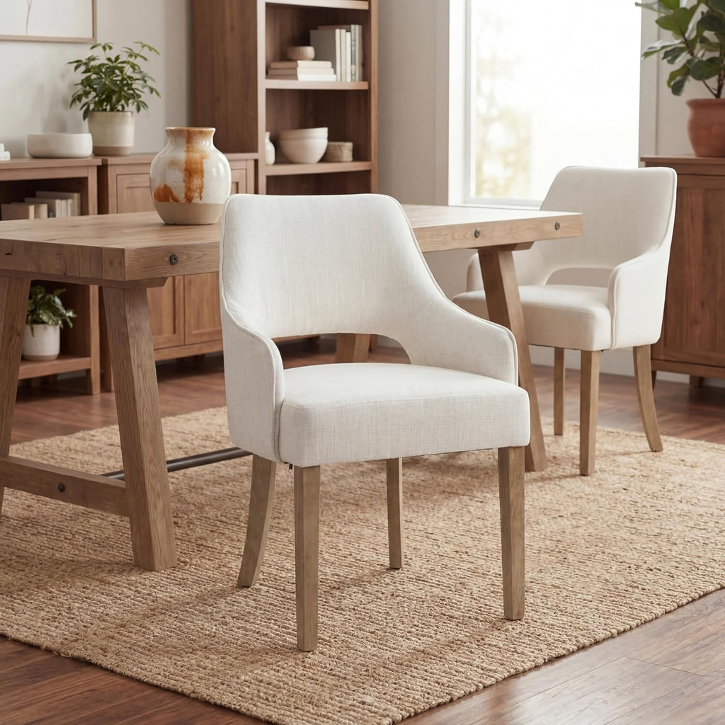 Farmhouse Upholstered Dining Chairs Set of 2, Linen Fabric Dining Room Chairs with Arms, Solid Wood Kitchen Side Chairs for Dining Living Room Bedroom, Upgraded Size, Cream