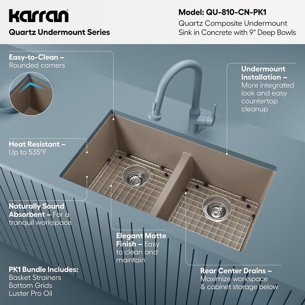 Karran QU-810 32' Undermount Double Equal Bowl Quartz Kitchen Sink Kit in Concrete