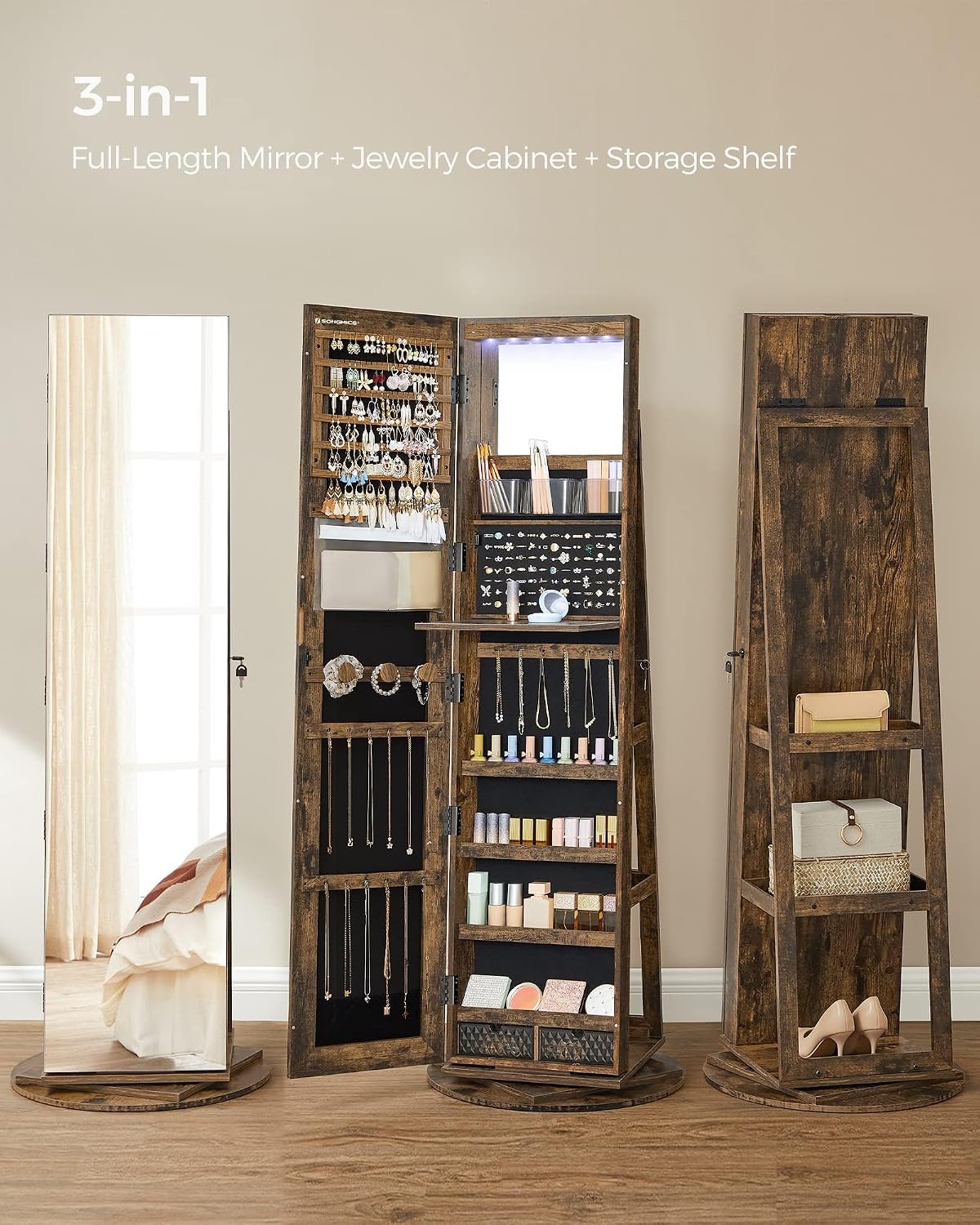 SONGMICS 6 LEDs Lockable Mirror Jewelry Cabinet, 360° Swivel Jewelry Organizer Armoire Standing, Frameless Full-Length Mirror, 3 Storage Shelves, Rustic Brown Surface, Black Lining UJJC007X01