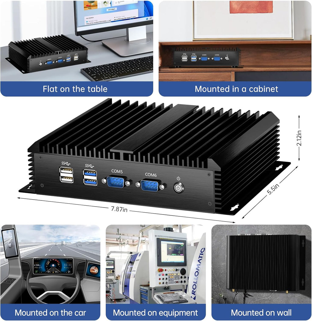 Industrial Mini PC, Desktop Fanless Computer Core i7-5500U 2.4-3.0GHz, Windows 10 Pro, 16G RAM, 512G SSD, Dual LAN, 6xCOM RS232, 4xUSB 3.0, HDMI/VGA Ports, Auto Power On, Full Metal Case